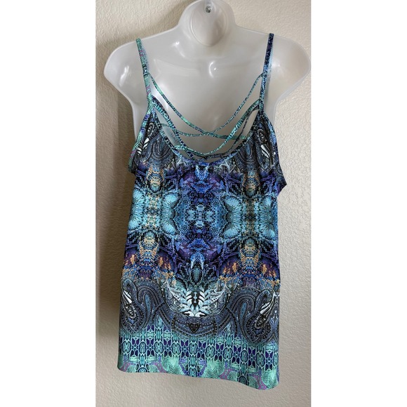Venus XL Cami Top Blue Boho Embellished Beaded Strappy Back Medallion Print Art - Picture 2 of 11